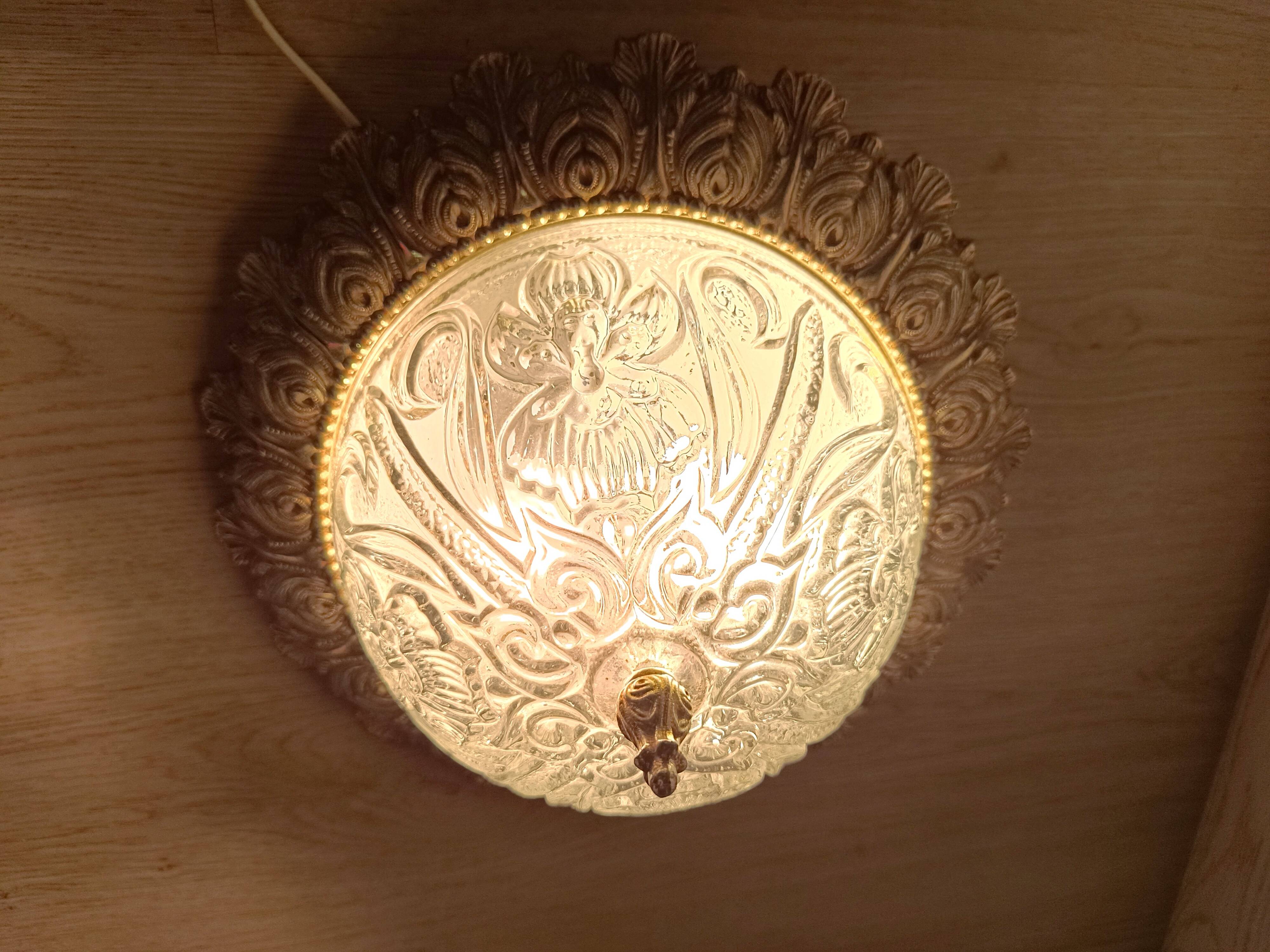 1960s molded glass ceiling light with brass crown