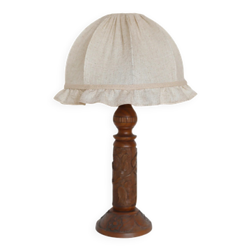 Table lamp, carved wooden base from the 1930s and dome shade with a frill.