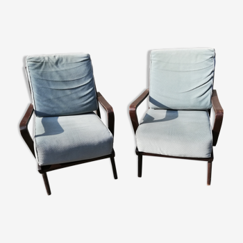 Paire de fauteuils années 50 tissu bleu