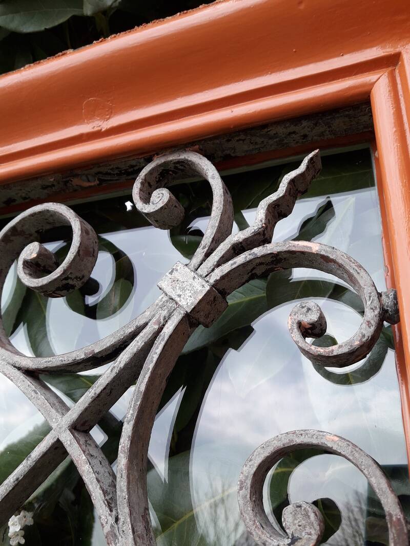 Window frame 179x88cm walnut oak wrought iron grille opening glass panel