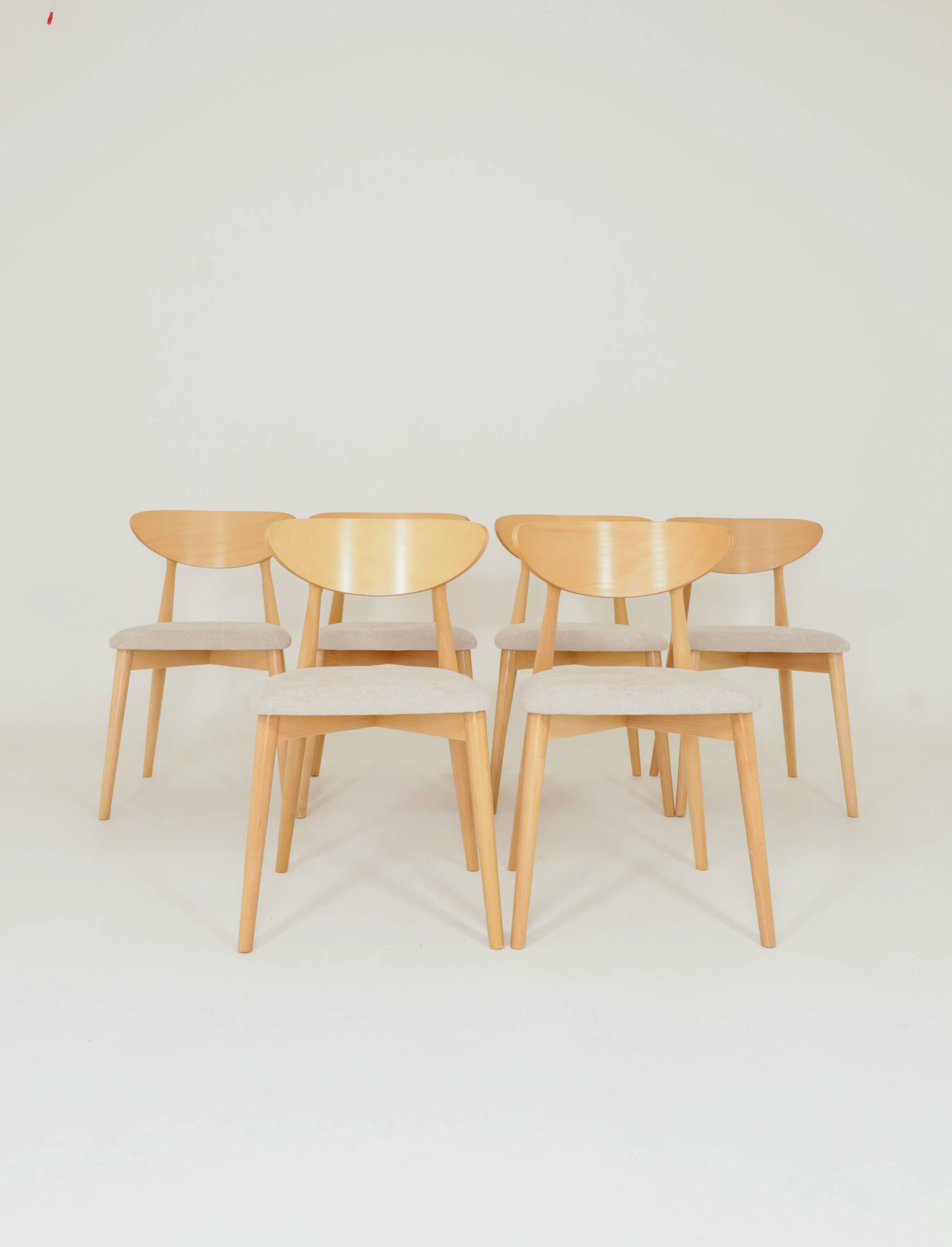 Ensemble moderne de 6 chaises de salle à manger, tissu écru et bois de hêtre naturel