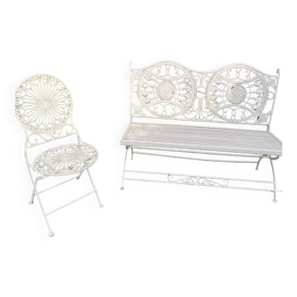 Wrought iron garden bench and chair