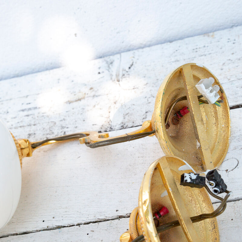 2 wall sconces golden metal gooseneck and opaline lampshade