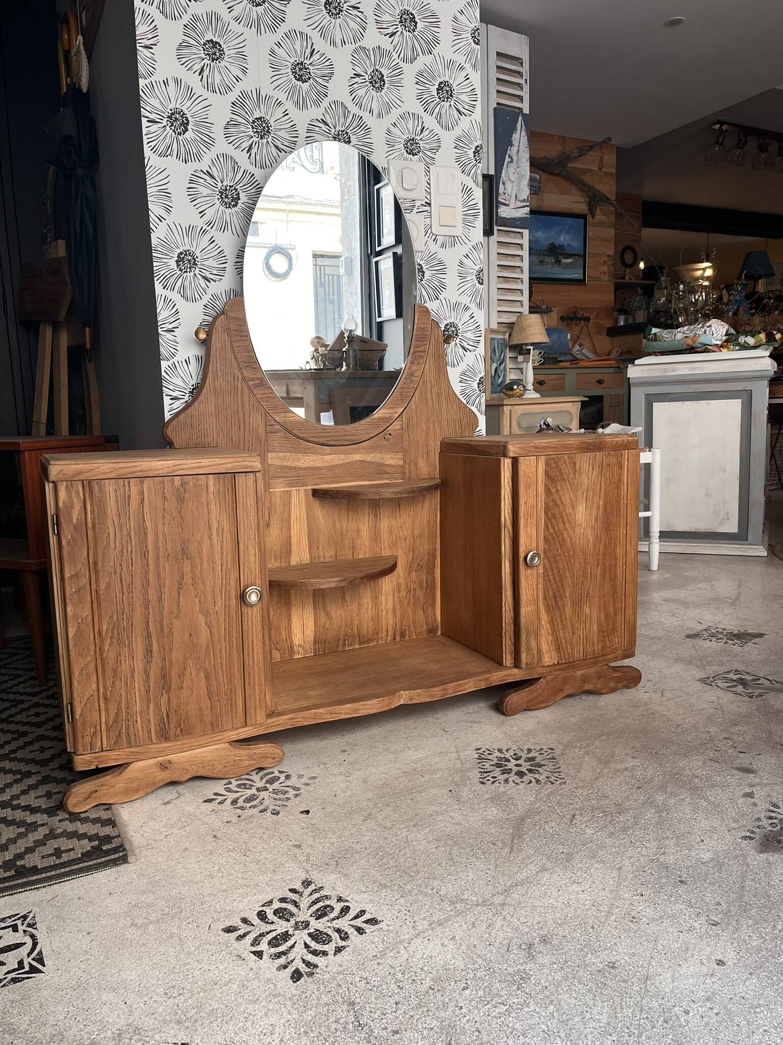 Coiffeuse buffet vintage Art Déco Mélissande 2 portes et miroir