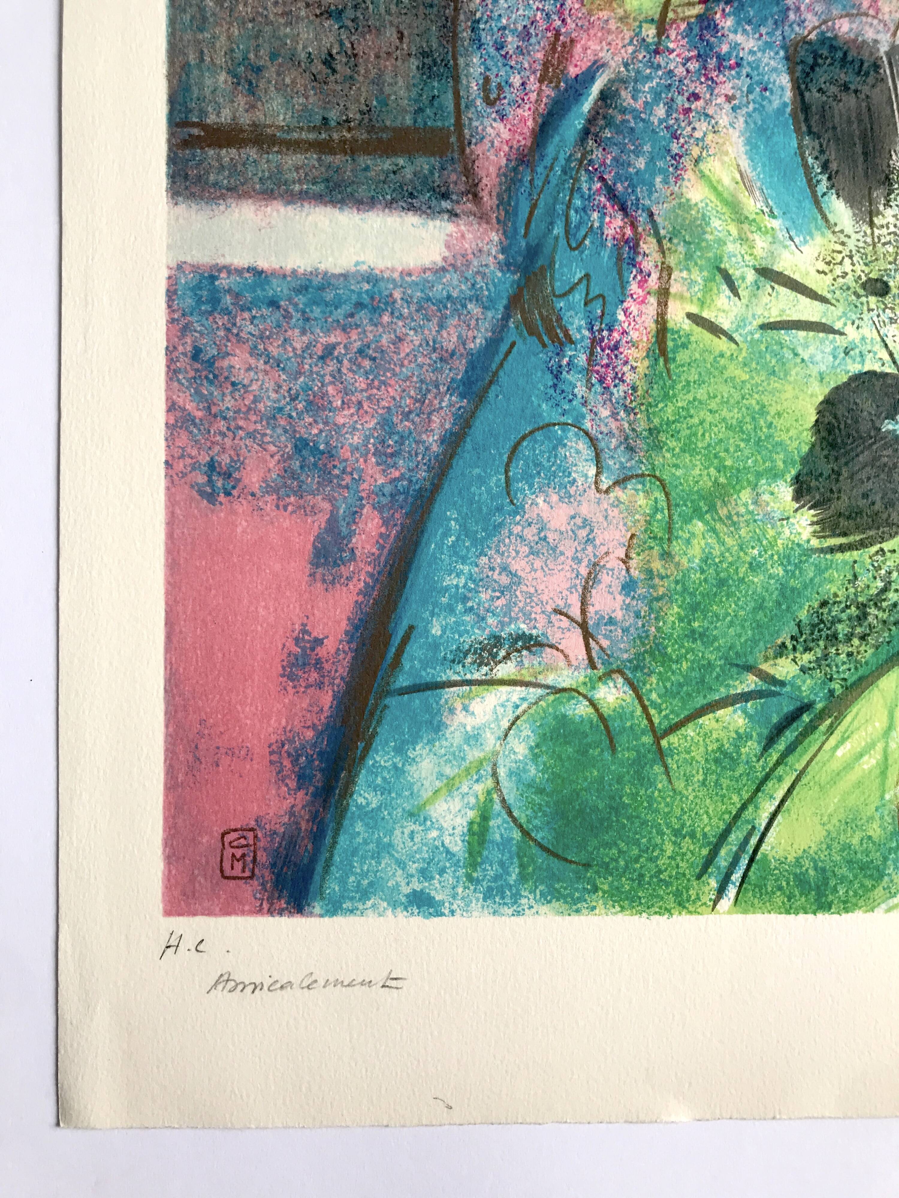 Claude manoukian woman with a bouquet, 1980. lithograph signed in pencil