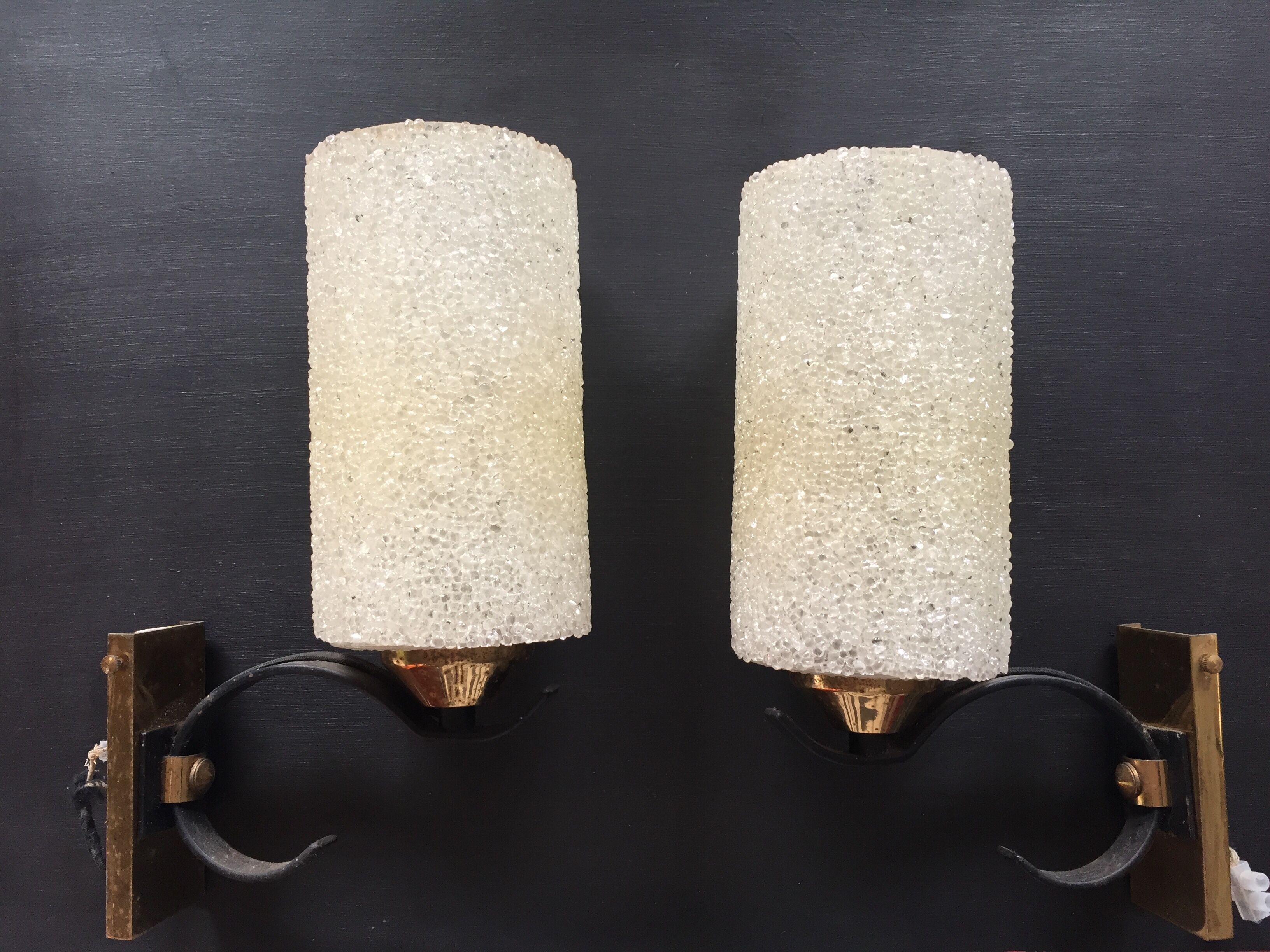 Pair of vintage wall lamps in pearl perspex and brass
