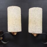 Pair of vintage wall lamps in pearl perspex and brass