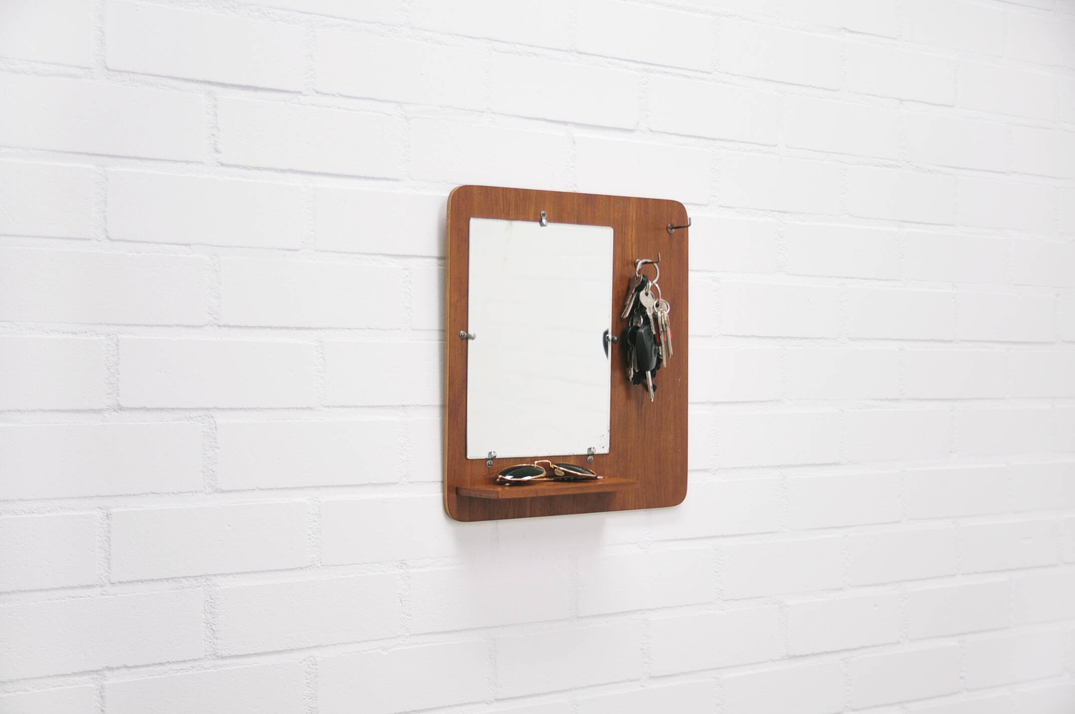 vintage teak wall mirror with hooks