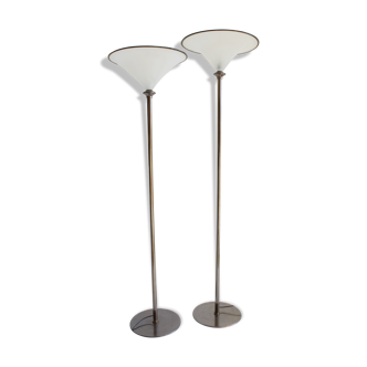Barovier & Toso brass and opaline Murano glass floor lamps, 1980s, Set of 2