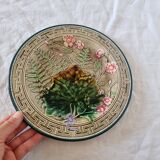 Choisy Le Roi majolica or barbotine dish decorated with leaves and pink flowers from the 19th century
