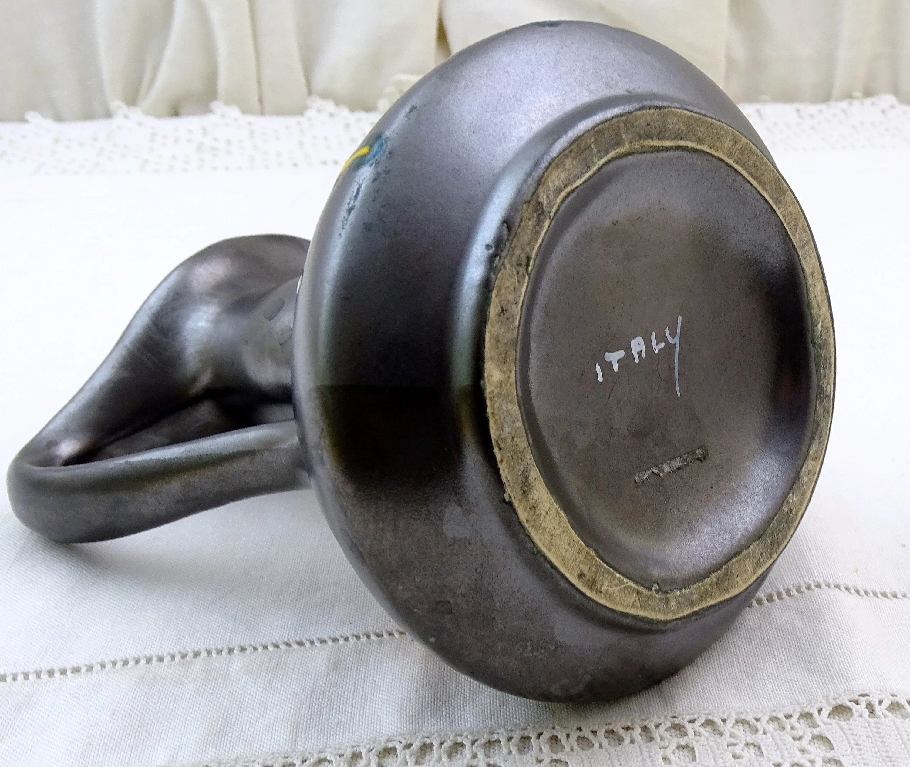 Vintage Italian mid-century iridescent black pottery vase/pitcher with red flame glaze, retro 1950s ceramic ornamental pitcher from Italy