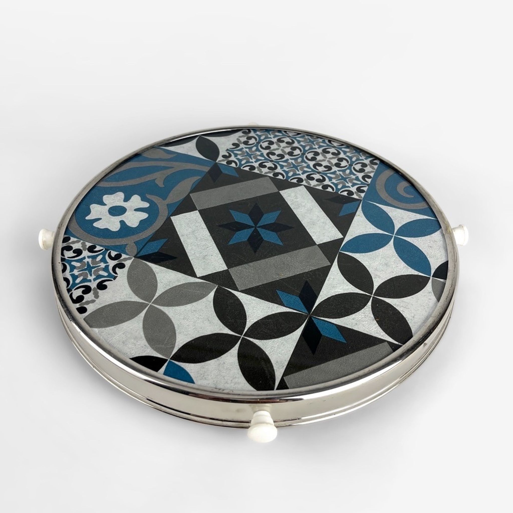 Plateau tournant verre et inox motif carreaux de ciment