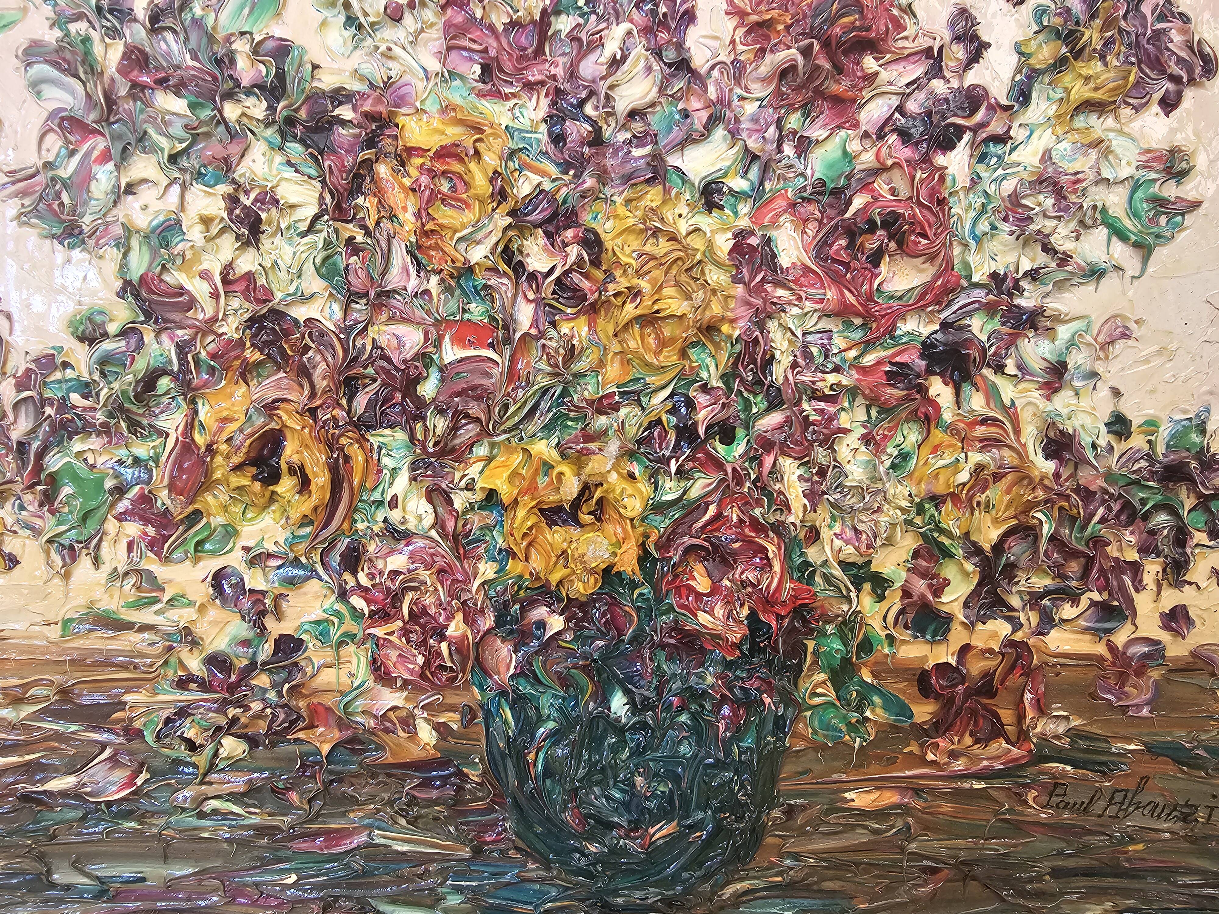 Oil on canvas - Bouquet of flowers with a knife Signed Paul Abouzit
