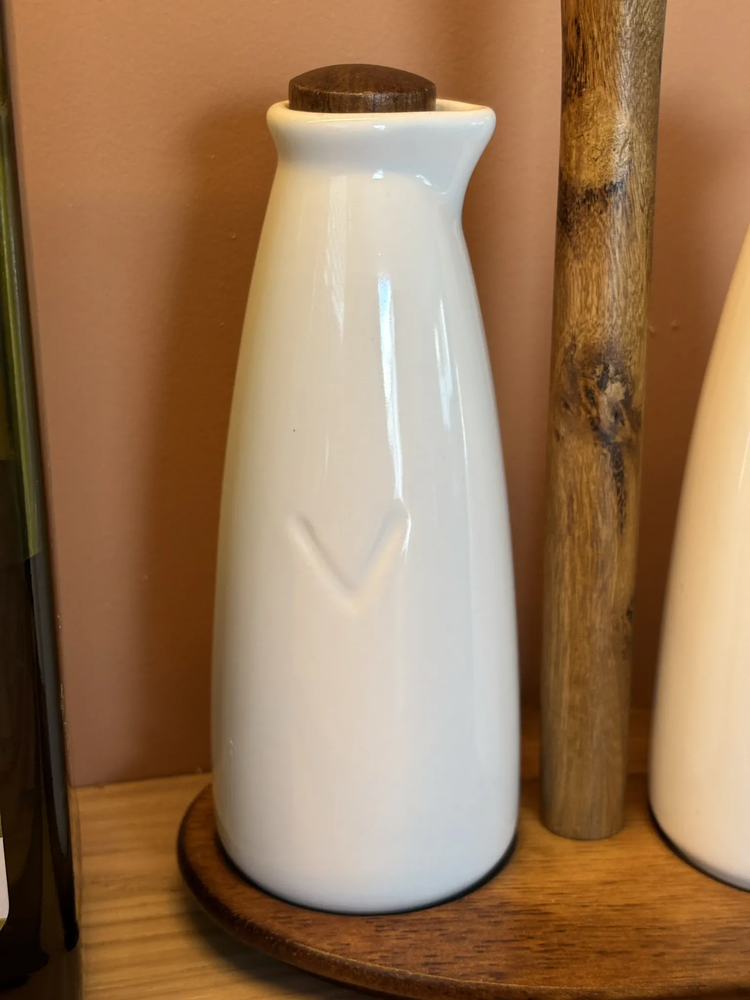 Ceramic white and wood oil and vinegar dispenser
