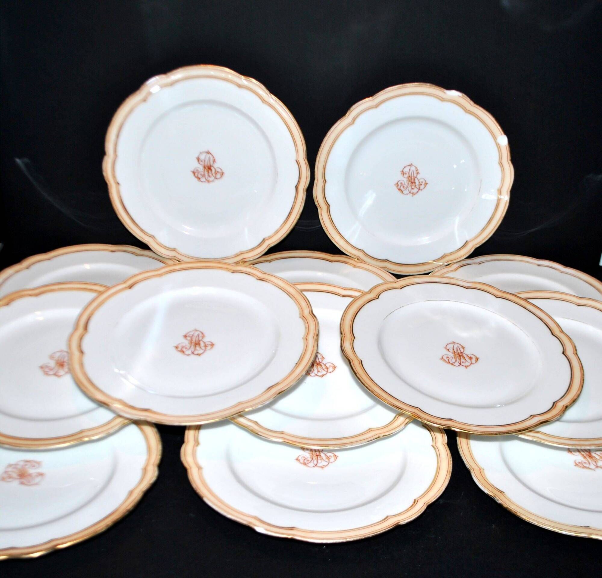 Paris porcelain set of 12 plates, dish and sauce boat, antique tableware with monogram BA.