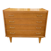 Commode vintage Mid-Century Scandinave pieds compas 4 tiroirs Chêne 50s
