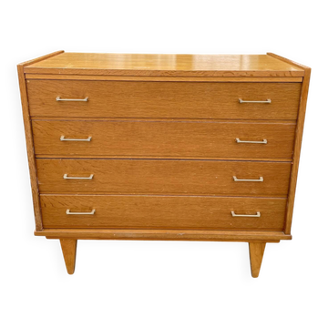 Vintage Mid-Century Scandinavian chest of drawers with tapered legs, 4 drawers, Oak, 1950s.
