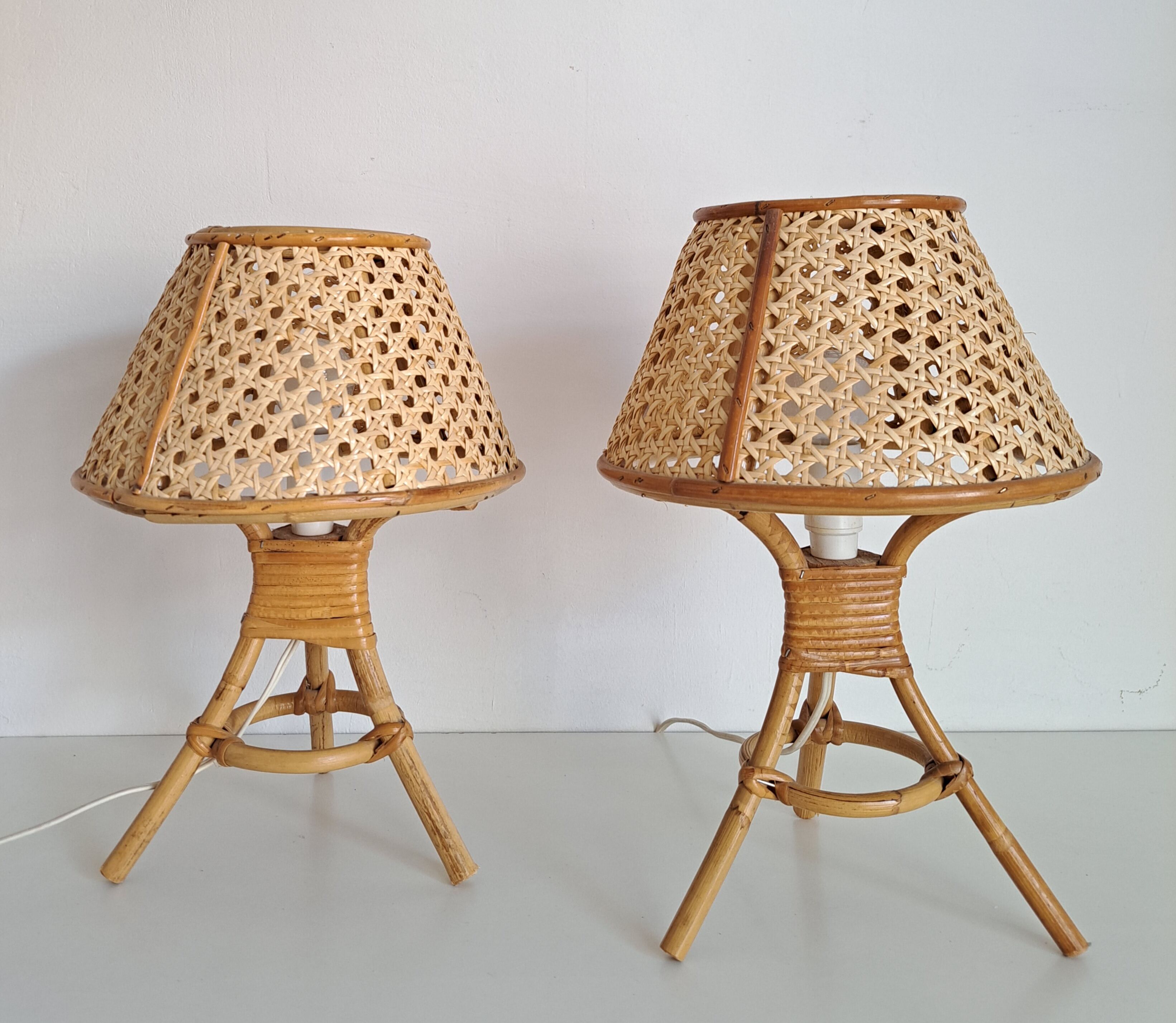 Pair of cane and bamboo lamps