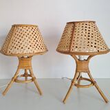 Pair of cane and bamboo lamps