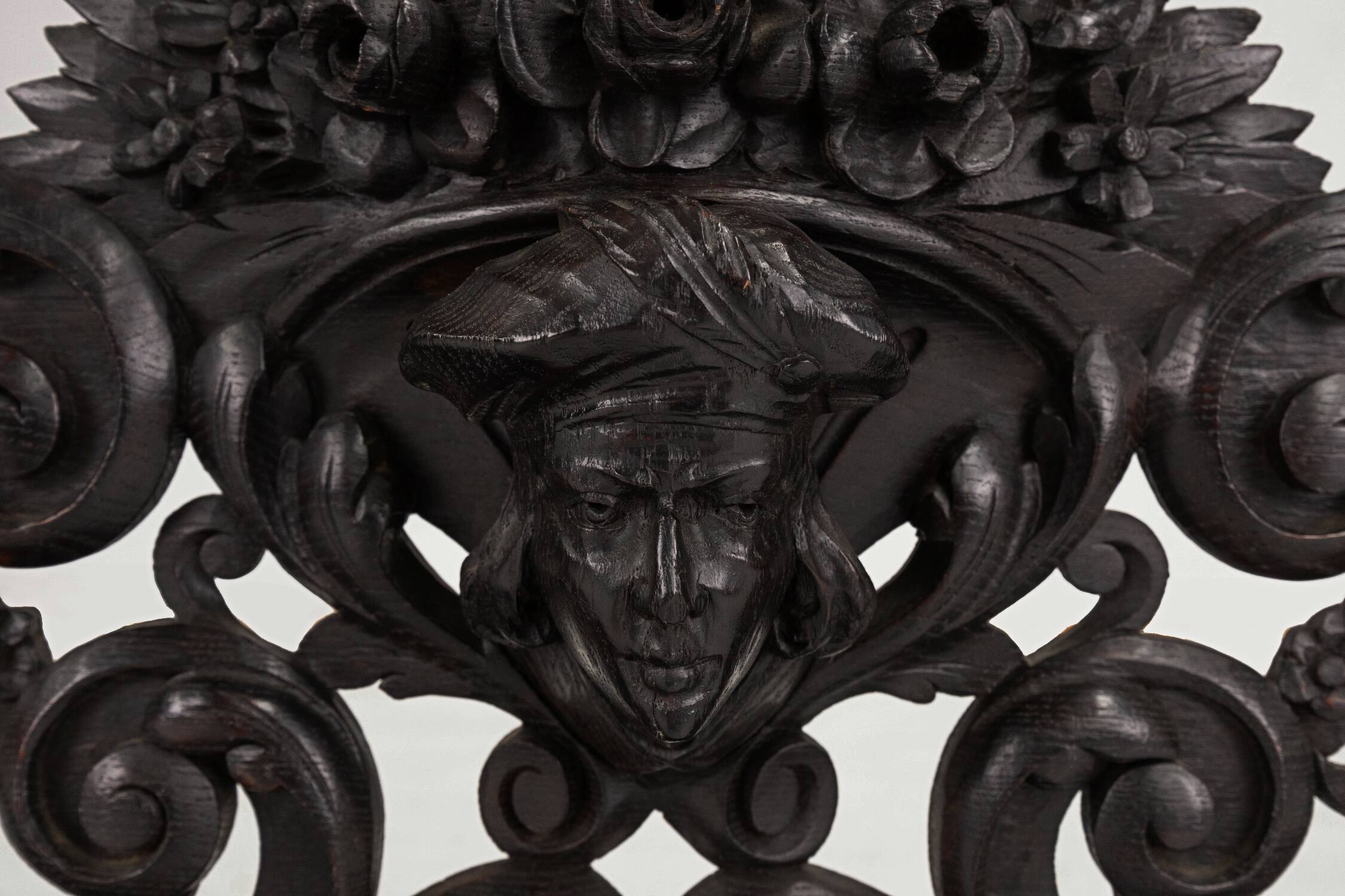 Richly carved baroque black wooden sculptured shelf, France ca. 1850