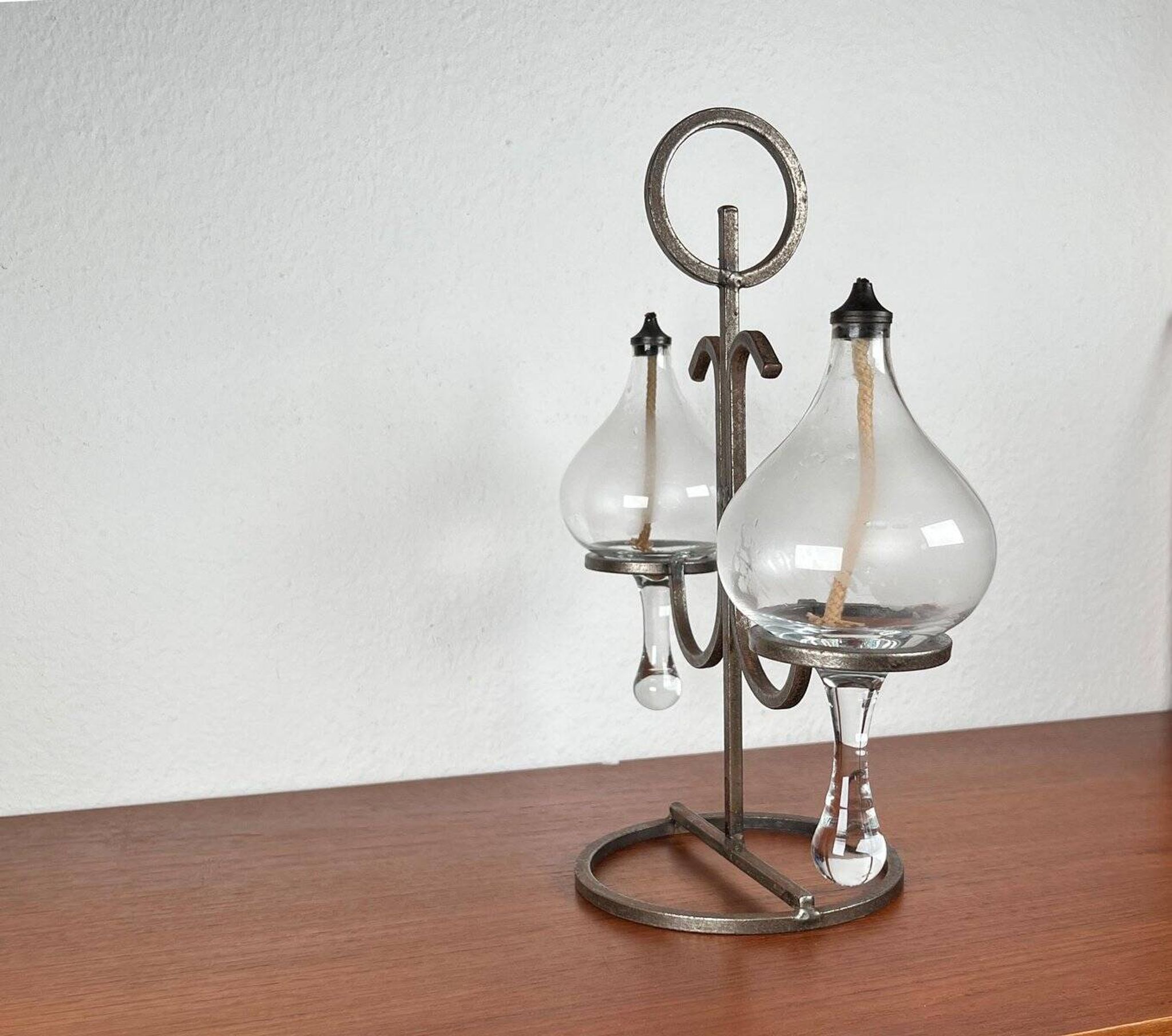 Mid-century Danish wrought iron and glass table oil lamp, 1960s.