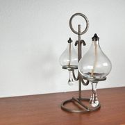 Mid-century Danish wrought iron and glass table oil lamp, 1960s.