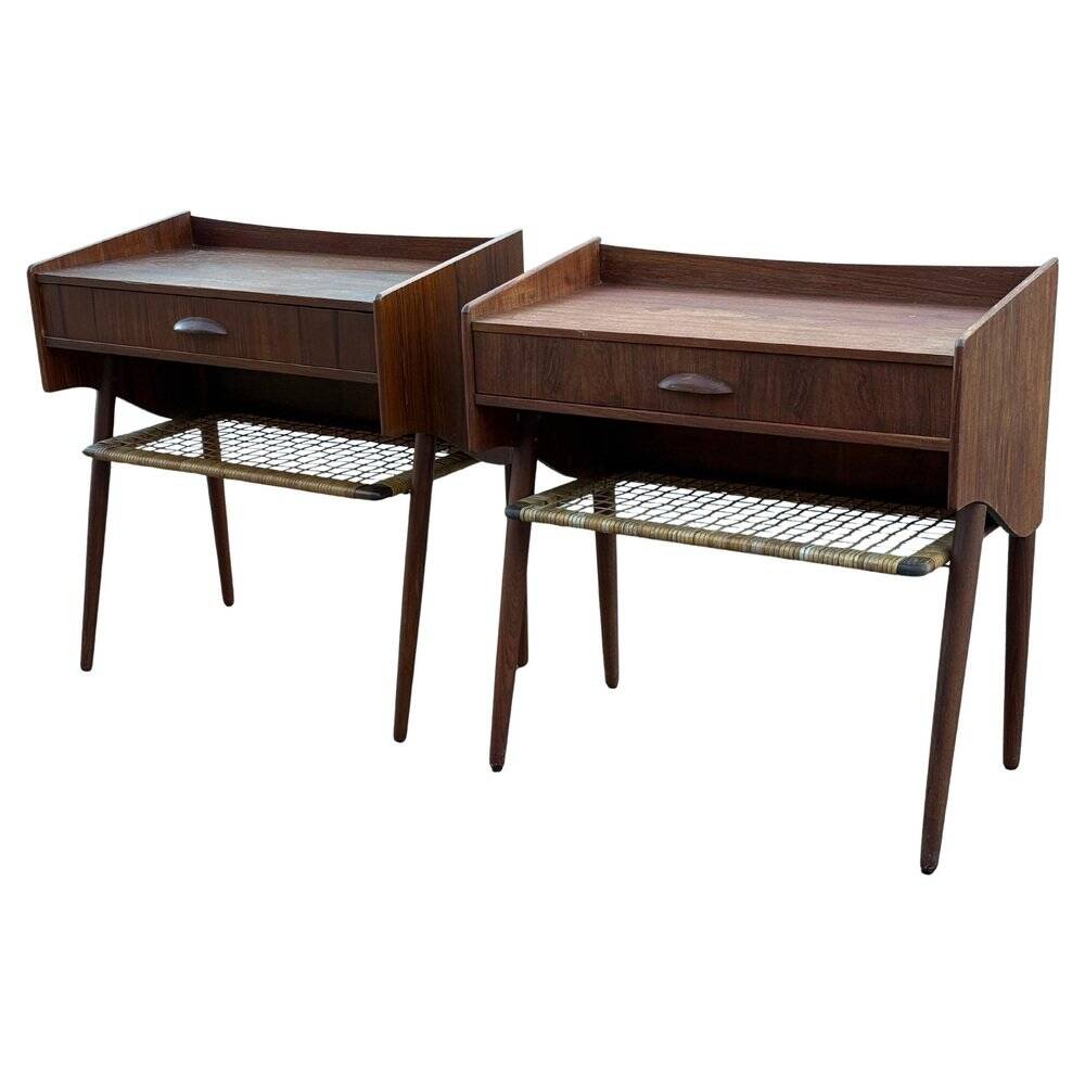 Modernist Danish teak bedside tables with rattan shelves, set of 2