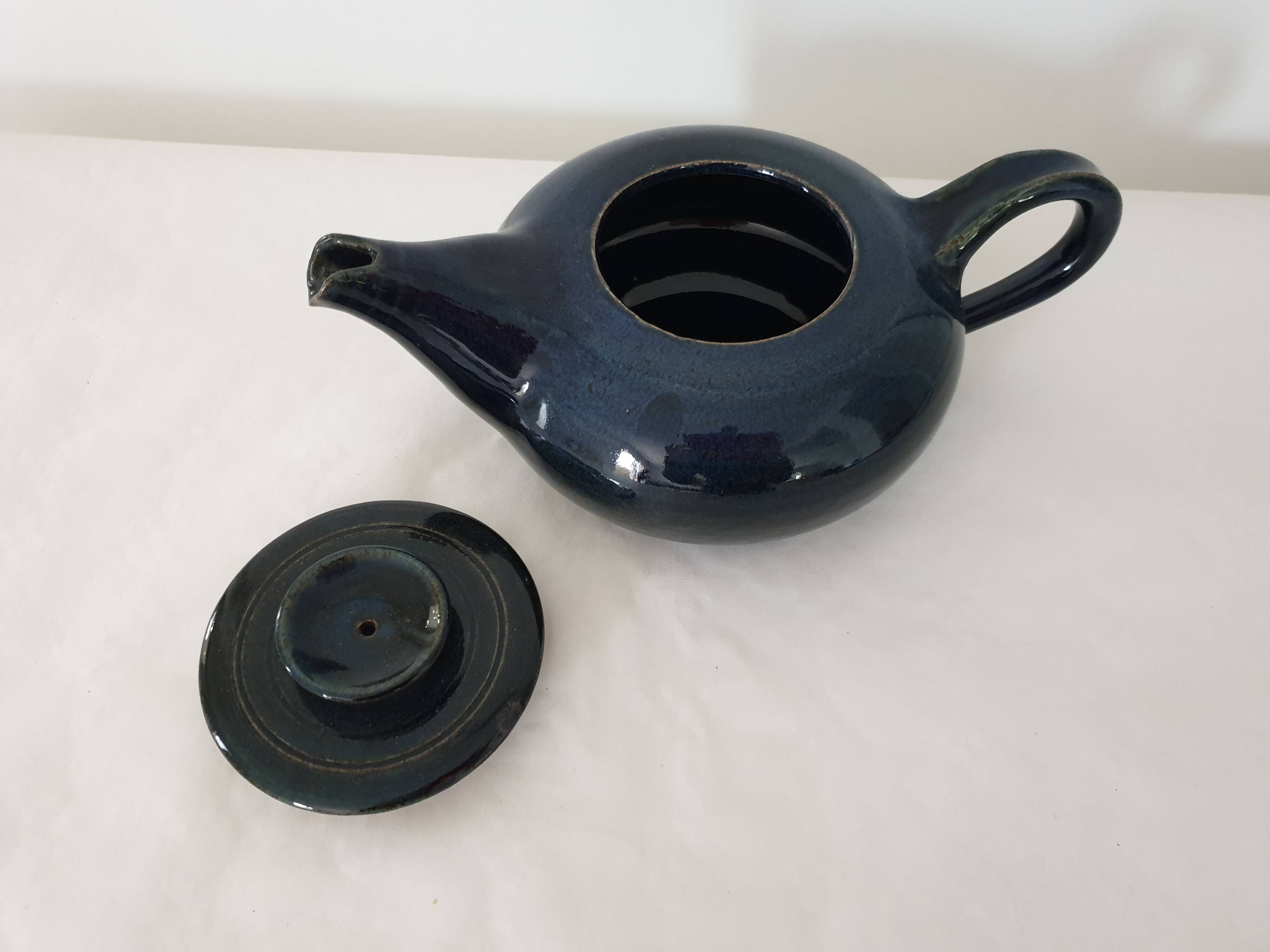 Blue glazed stoneware ceramic teapot Signed Pictogram Signature to identify