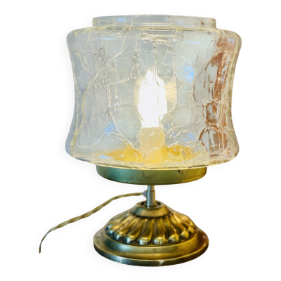 Lampe à poser en verre craquelé et pied en laiton doré vintage