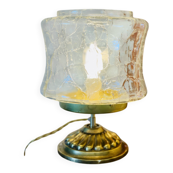 Lampe à poser en verre craquelé et pied en laiton doré vintage
