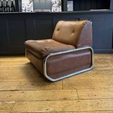 Pair of vintage low chairs, chrome and brown, France 1970