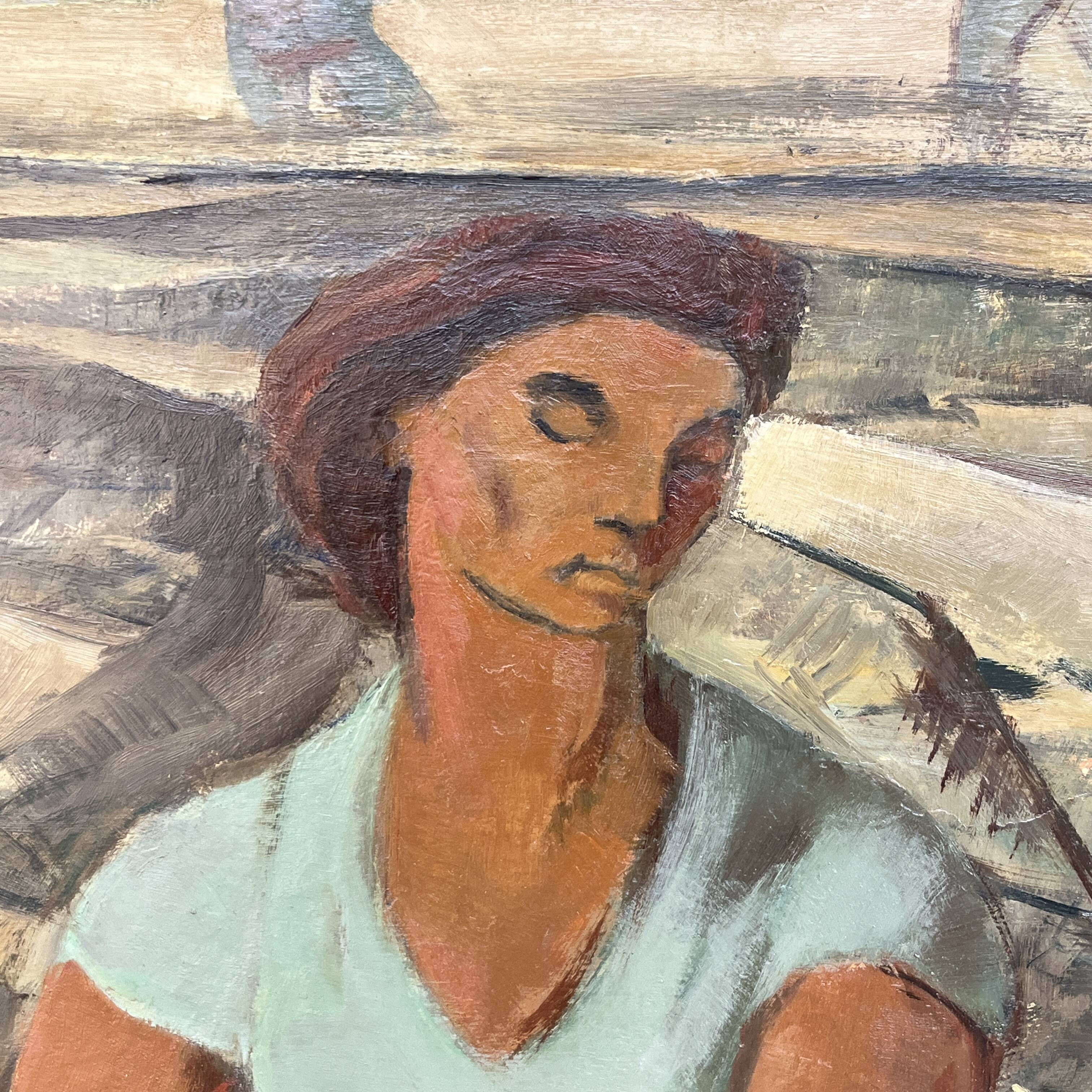 Painting "return from fishing", oil on panel, flory roland ca 1945