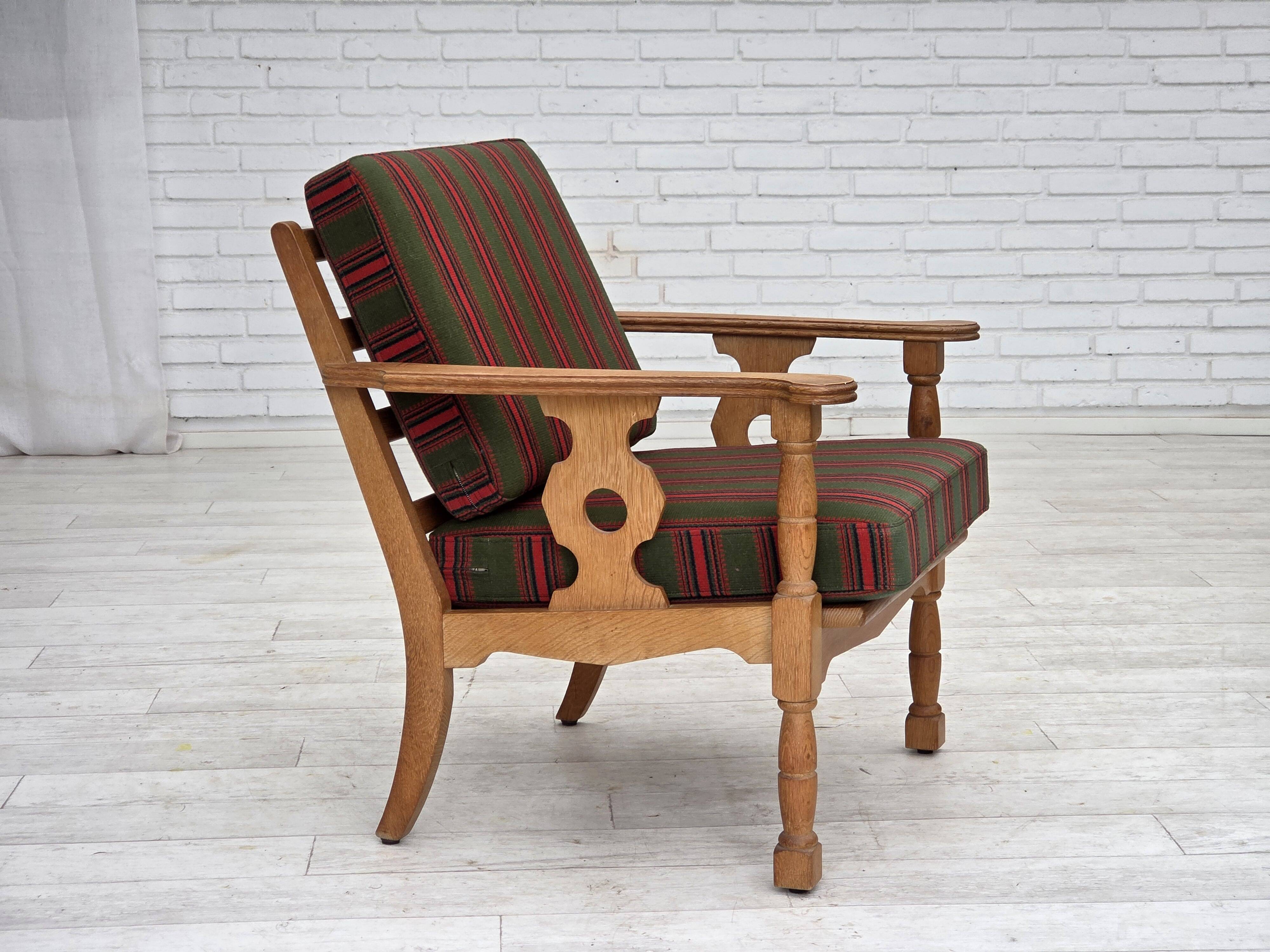 1970s, Danish armchair, green furniture wool, solid oak wood.