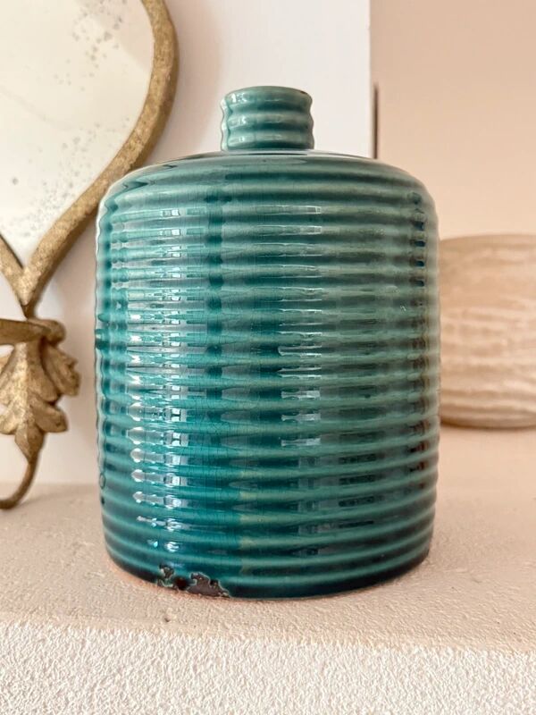 Duck blue ribbed glazed ceramic bottle vase – Mid-Century style