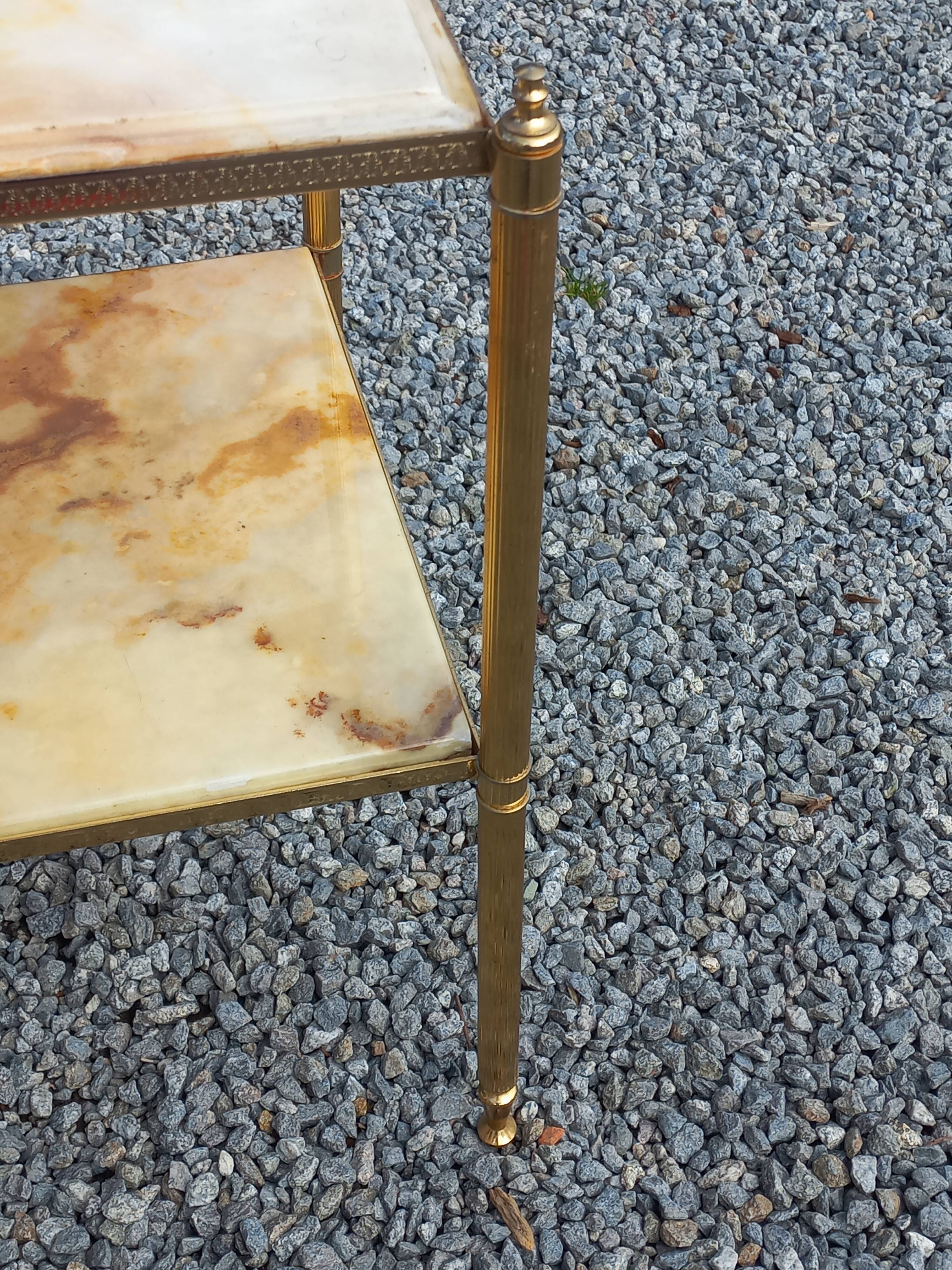 Pair of neoclassical side tables in bronze, brass, marble, and o.