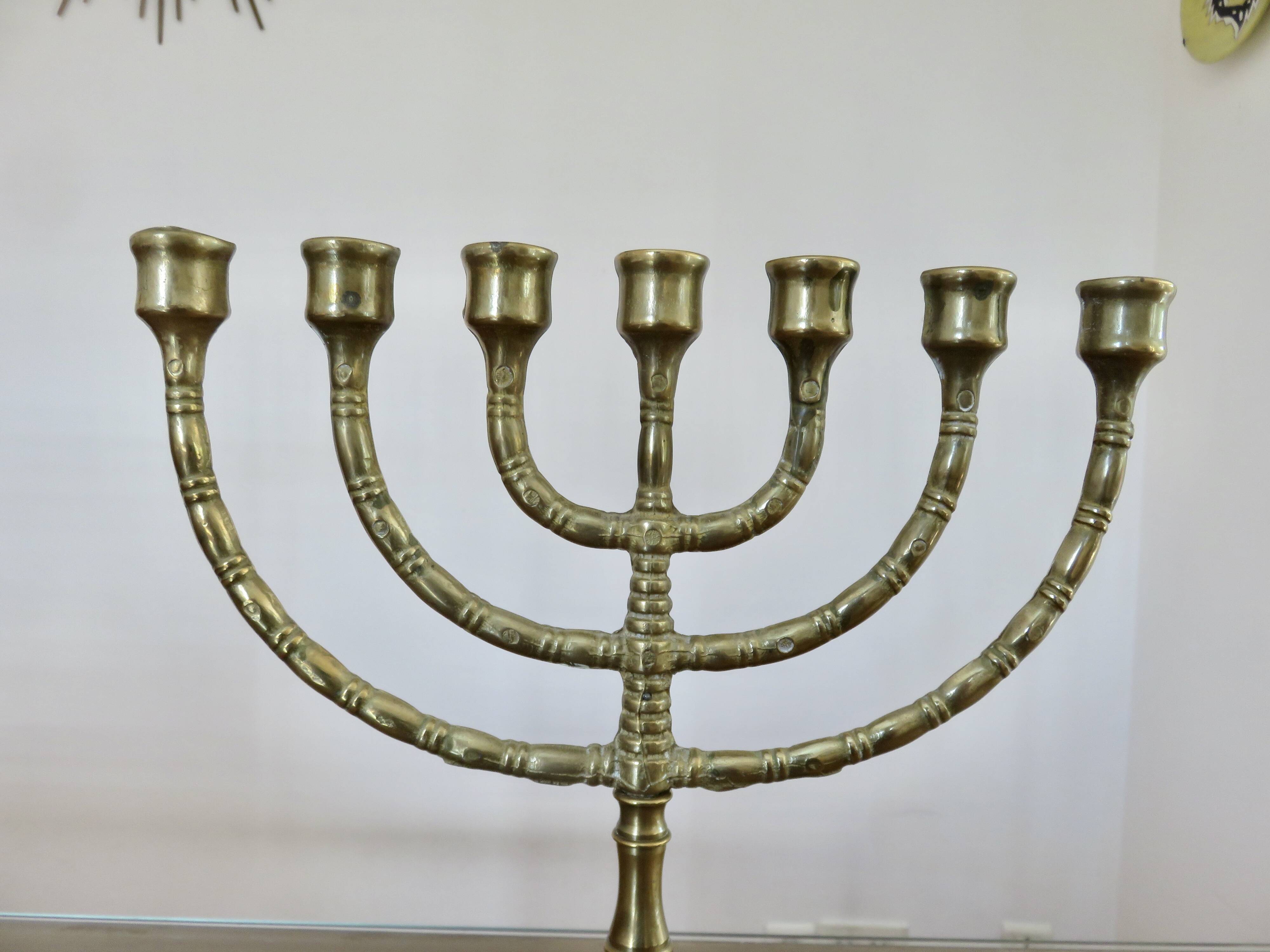 Large candle holder, candlestick, solid bronze, 7 candles, 1970s, Menorah