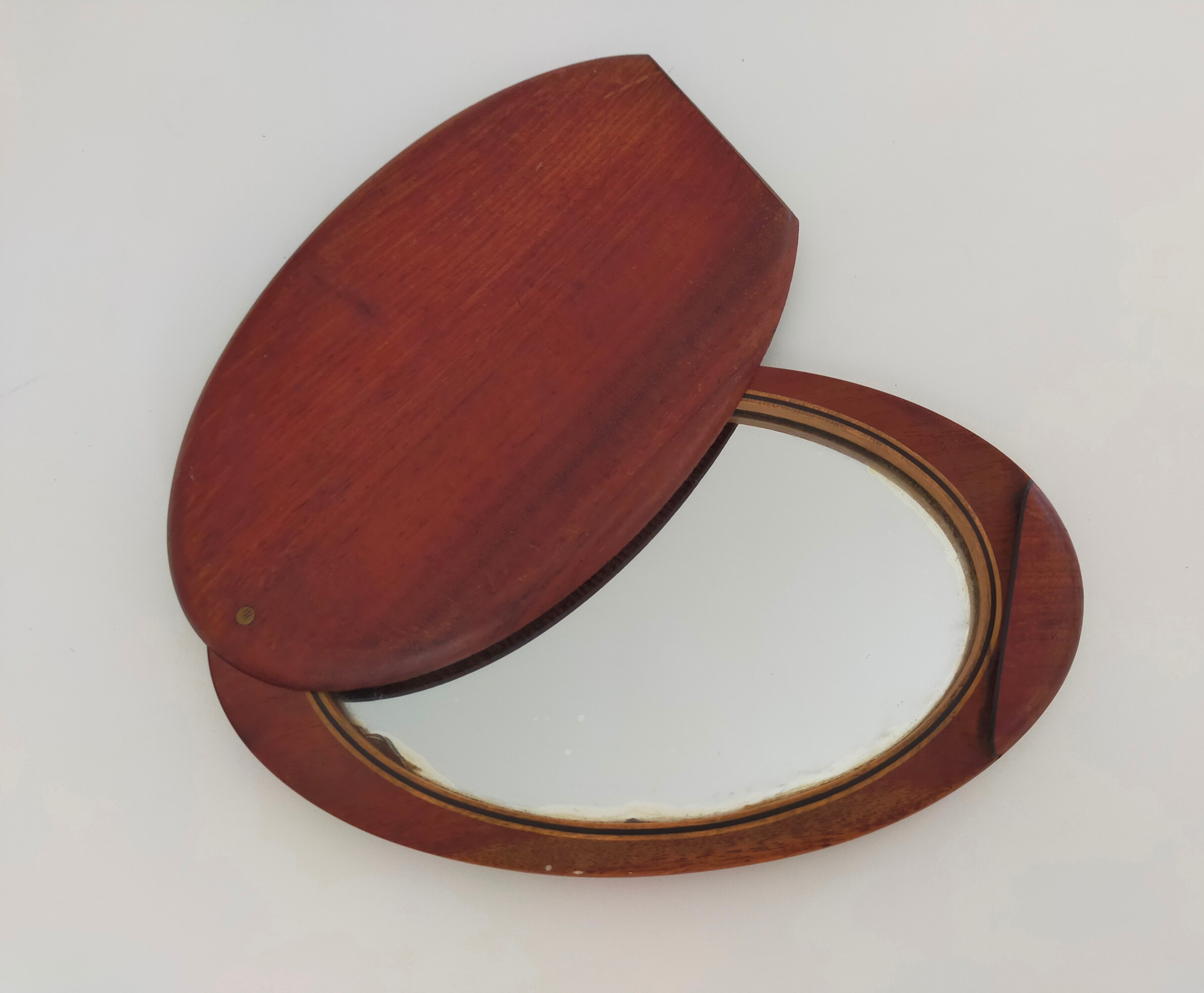 Vintage wooden travel mirror signed