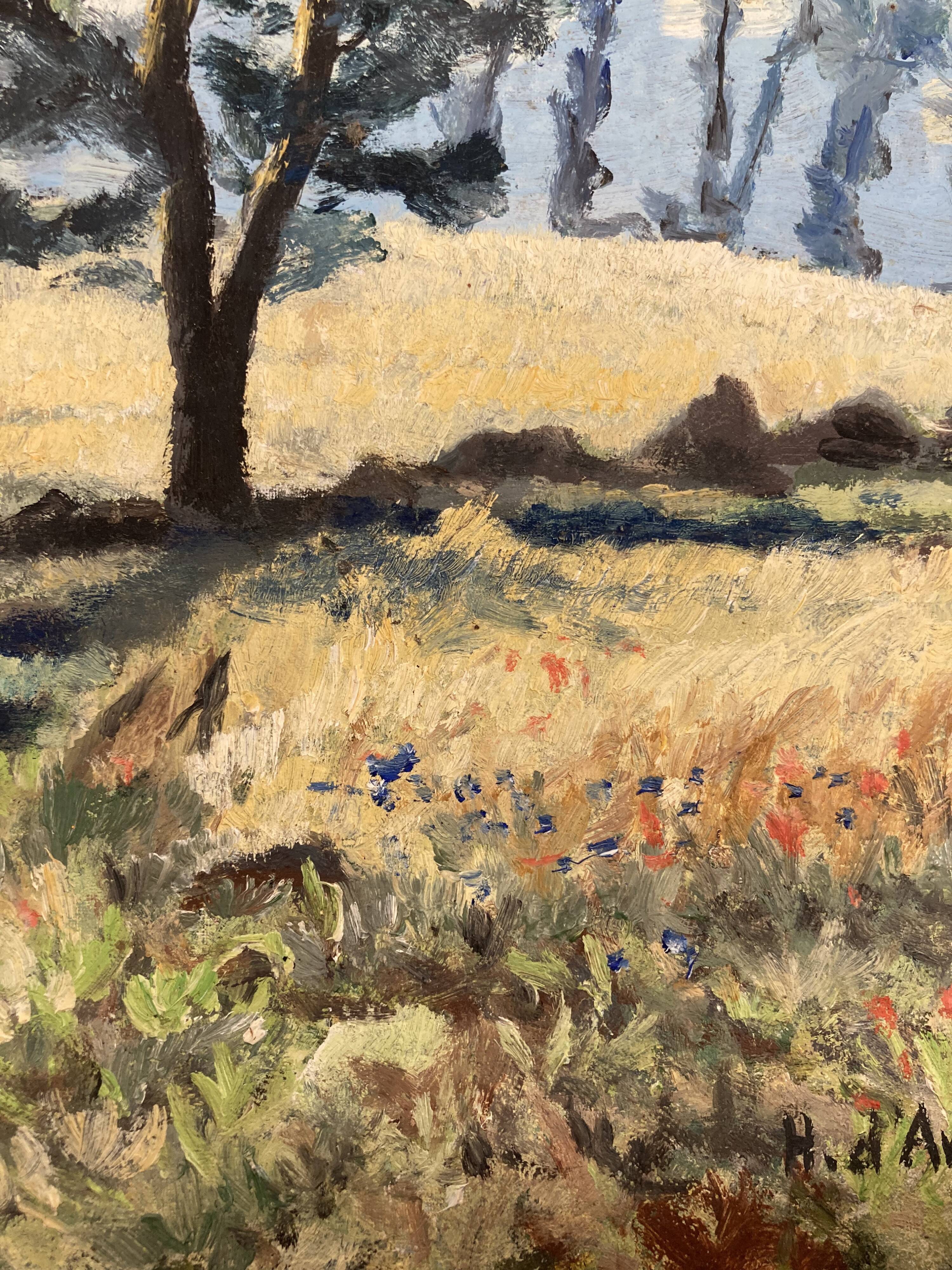 Landscape with poppies, oil on panel, Henry d'Avesnes (1907-1999)