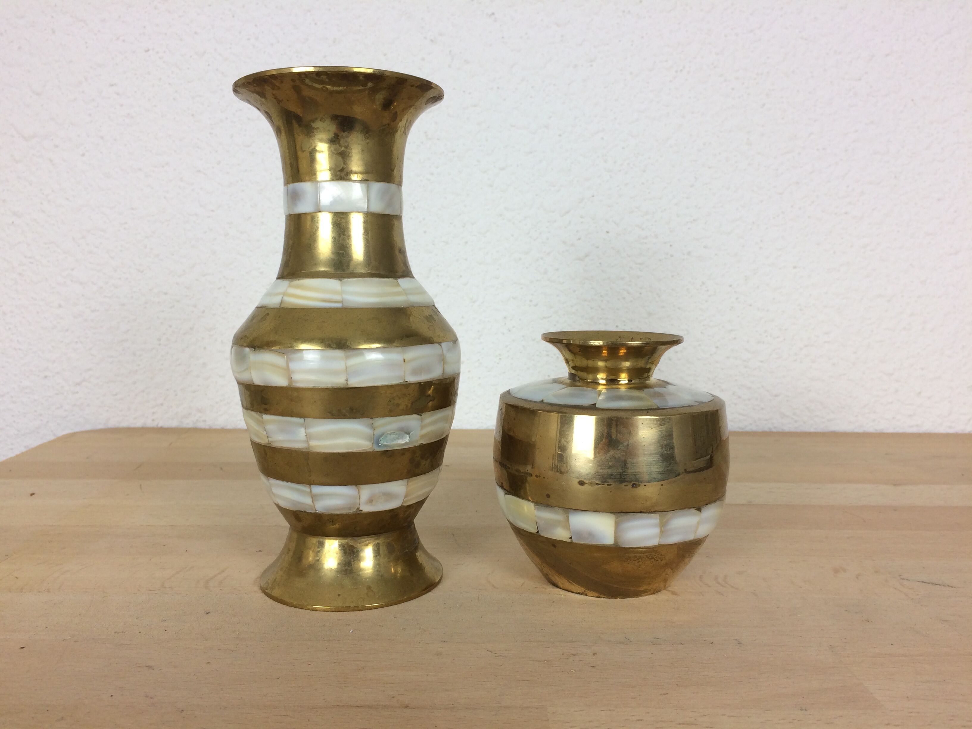 Duo of brass and mother-of-pearl vases