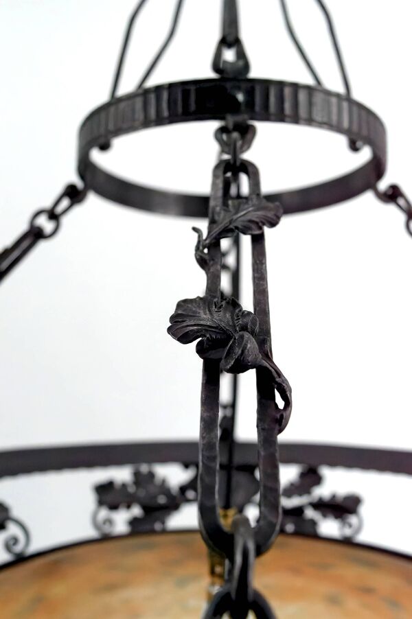 Suspension en Fer Forgé et Pâte de Verre, Art Nouveau / Art Déco, Début XXe