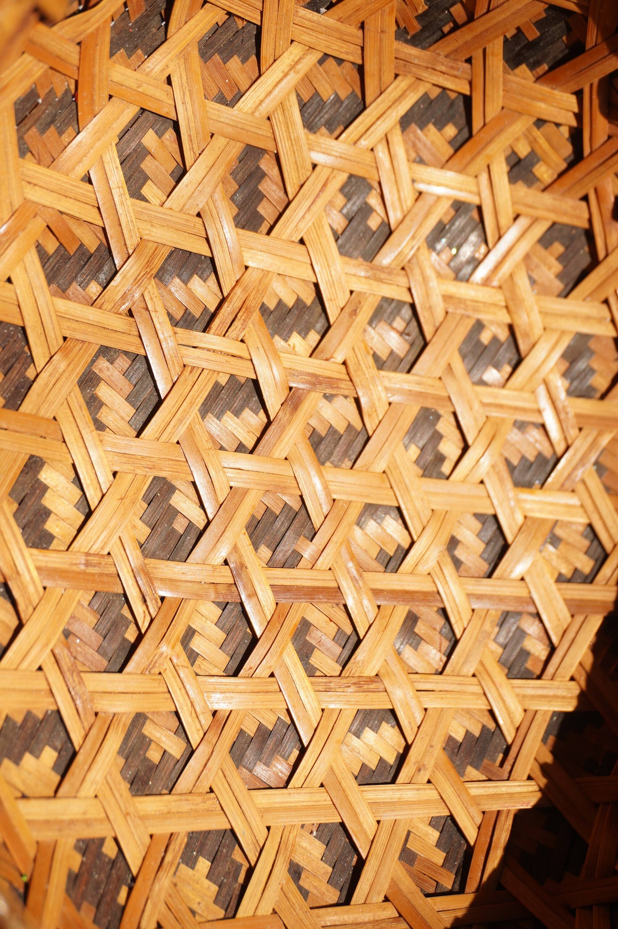 Woven patterned basket, made of straw and bamboo.