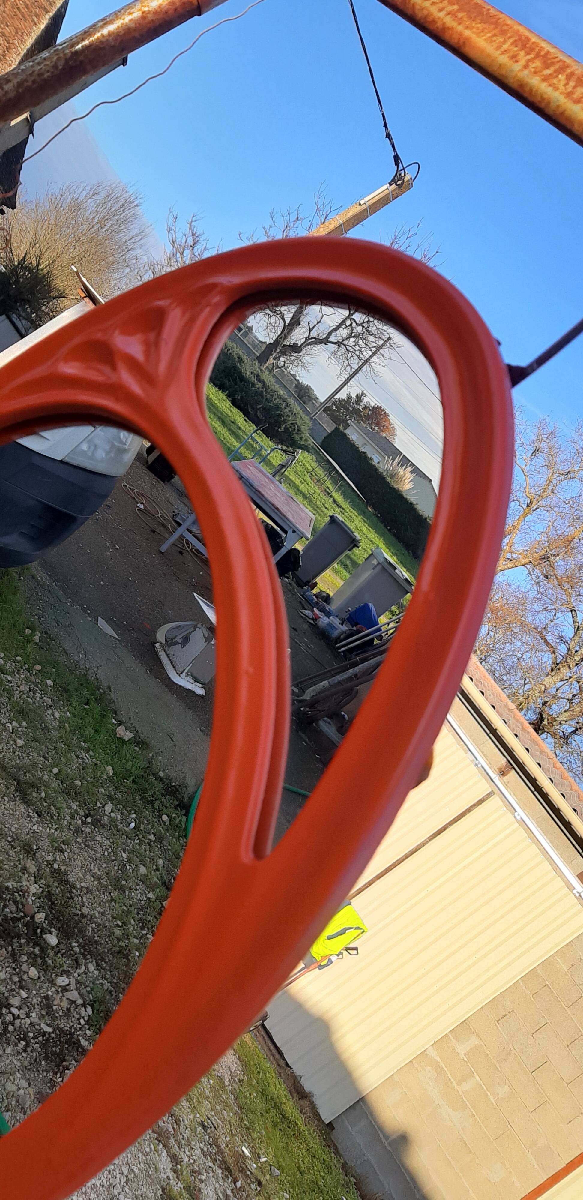 Vintage mirror enamelled cast iron orange