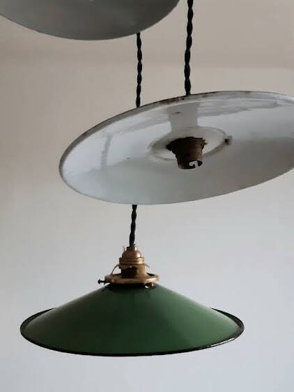 Trio pendant lights in enamelled industrial sheet metal