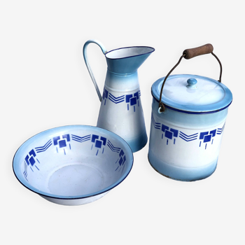 Enamelled jug, bowl and bucket