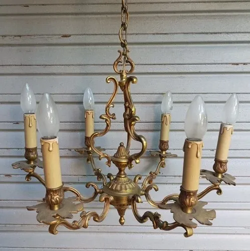 Antique cage chandelier in bronze, 6 lights, Louis XV style, in working condition, 4.8 kg.