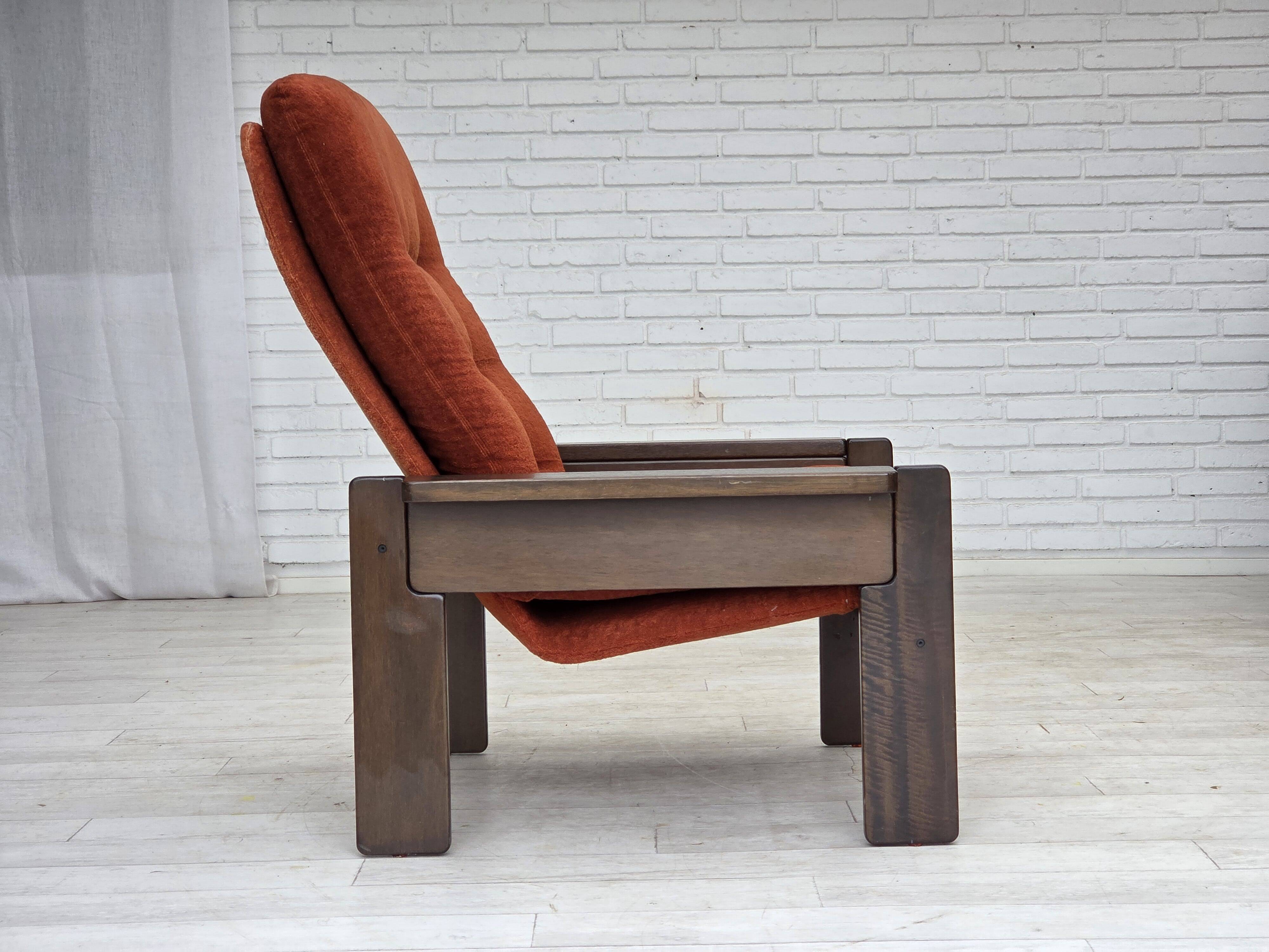 1970s, Danish armchair, orange/red furniture velour, dark oak wood.
