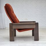 1970s, Danish armchair, orange/red furniture velour, dark oak wood.