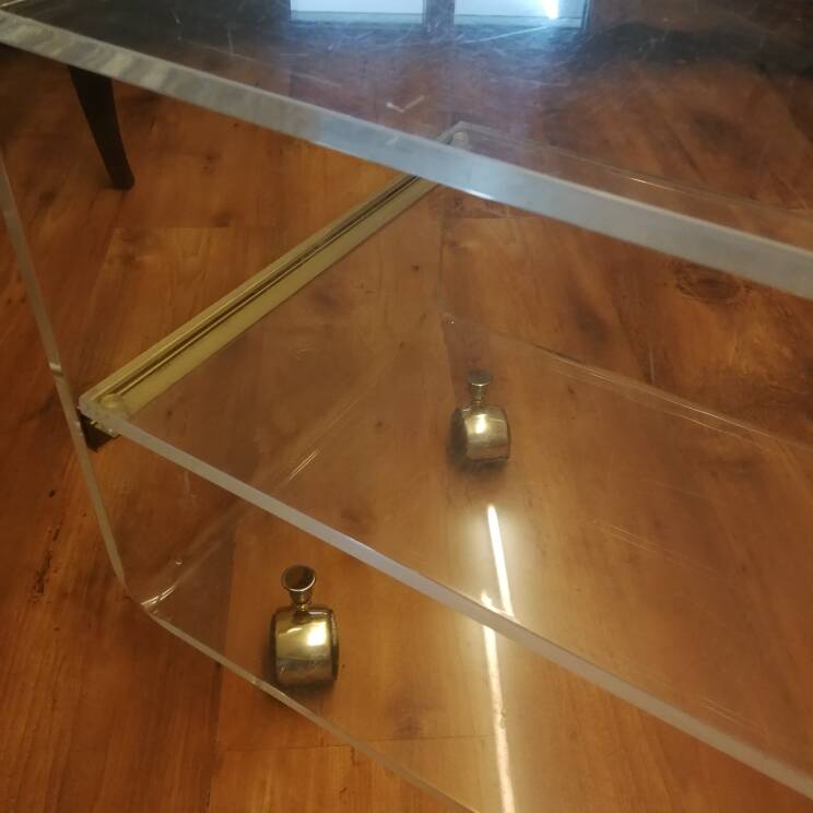 David Lange designer coffee table, plexiglass and gold metal, sliding top