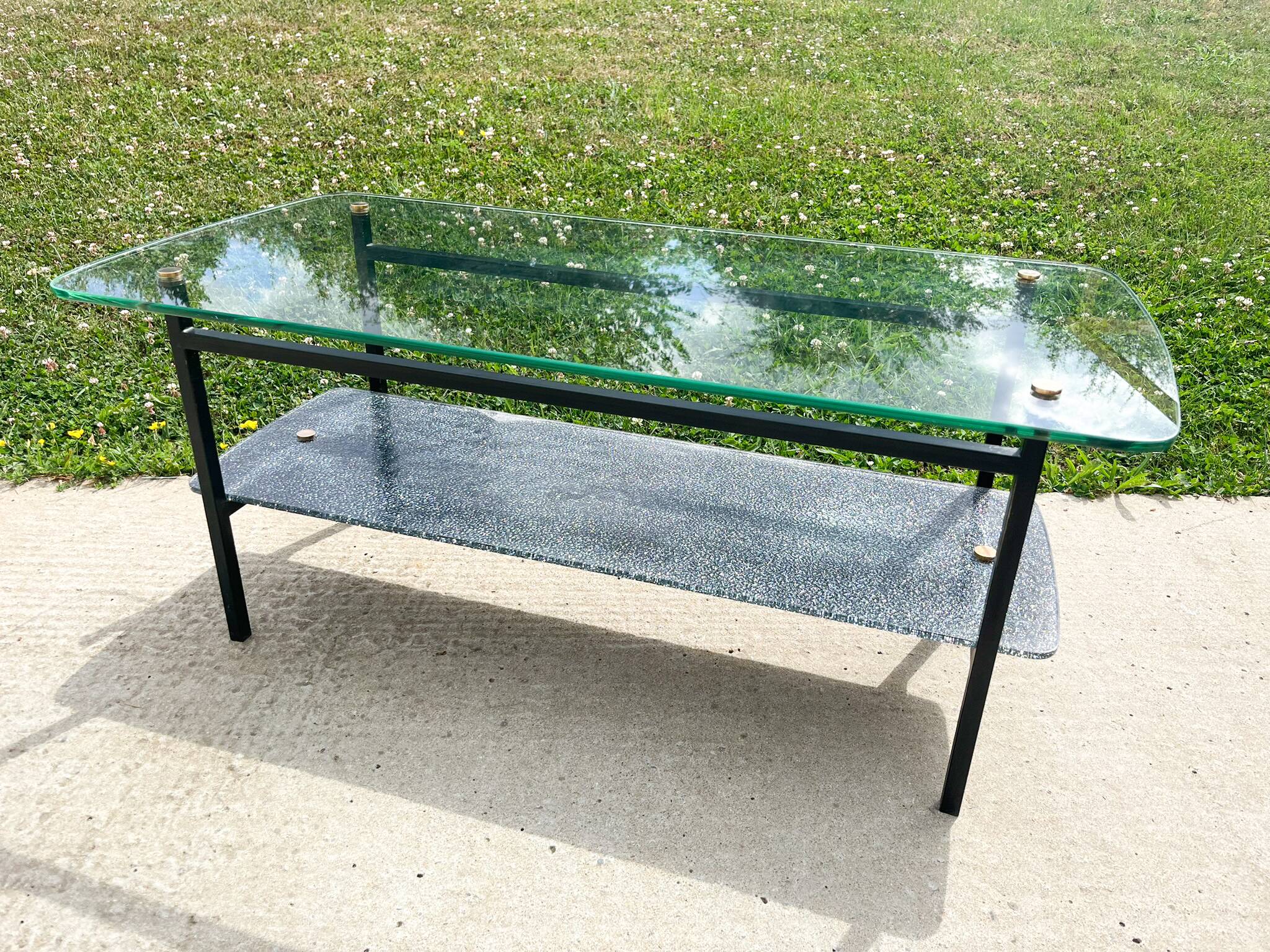Coffee table with 2 shelves, glass and metal, from the 50s