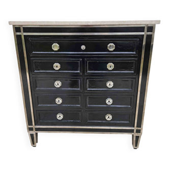 Art Deco Commode With 9 Drawers In Lacquer And Nickel-plated Bronze